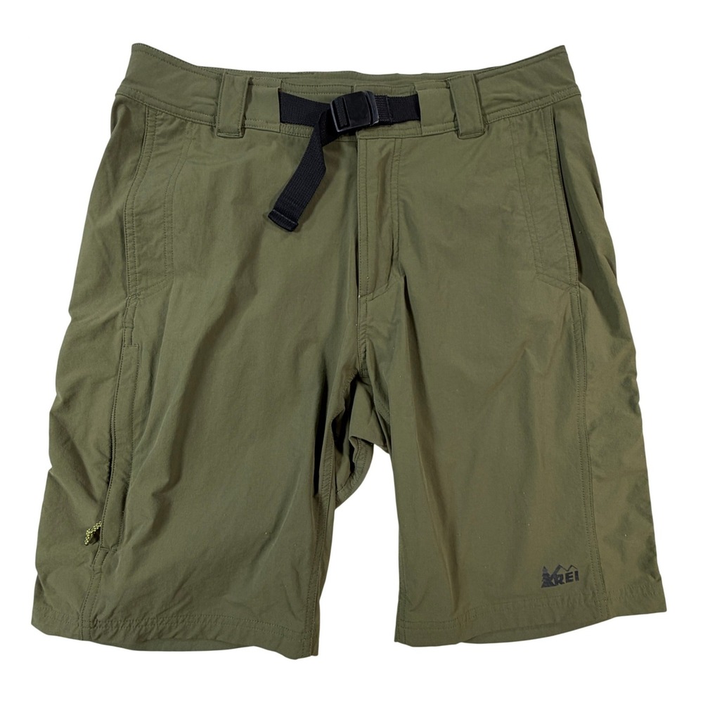 REI Co-op Mens Hiking Shorts Size 32 Olive‎ Green Stretch Belted Outdoor Trail